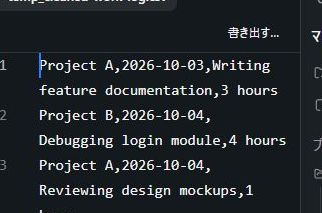 初回に保存されたCSVの拡大。元データと異なる英語の3行