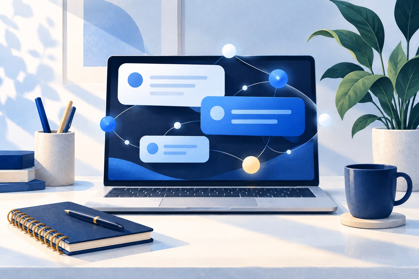 AIの会話画面が表示されたノートパソコンのイラスト